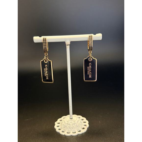 Coach Black Enamel Tag Drop Earrings Gold Tone Huggie - Picture 2 of 6